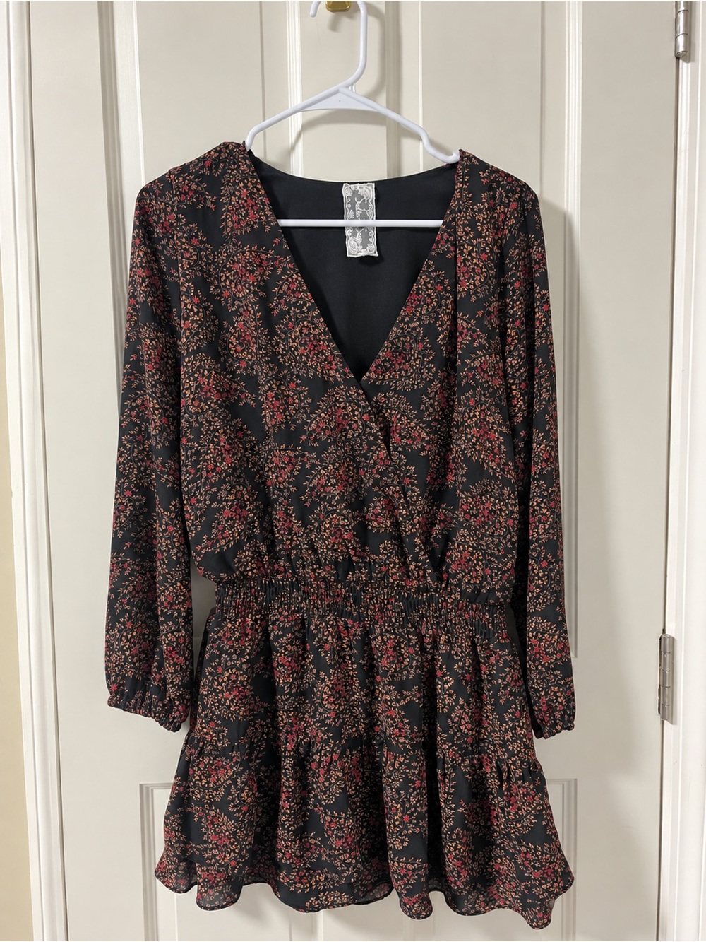 Black Floral Wrap-Style Mini Dress